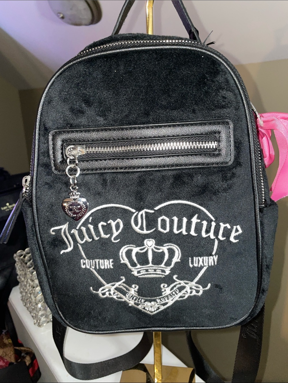 Juicy Couture Black Velvet Mini Backpack with Heart Charm